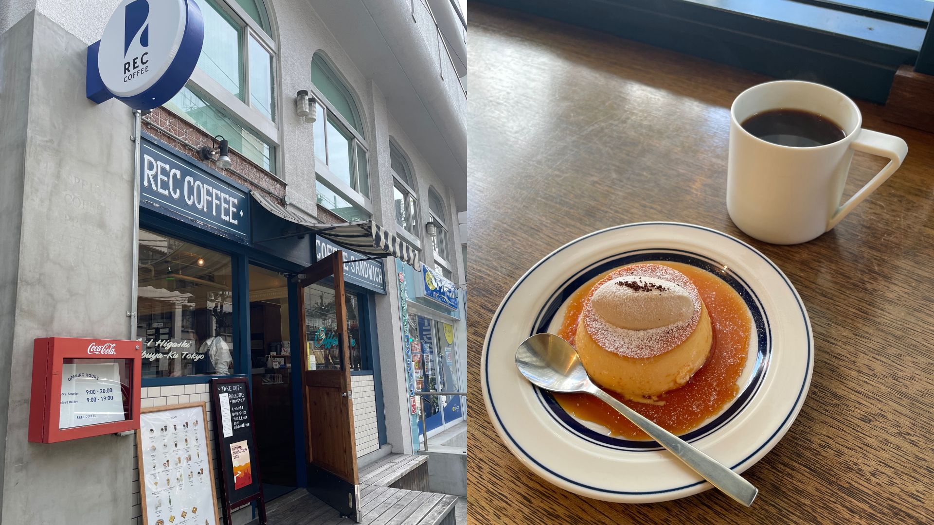 Double photo montrant l'entrée d'un café et une assiette avec dessert